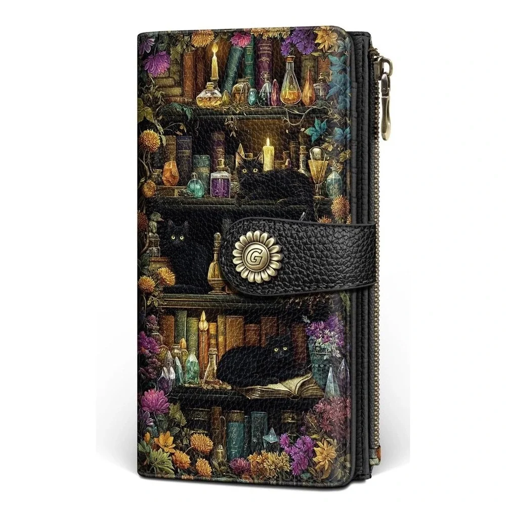 Black Cat Book Shelf Womens Wallet RFID Blocking Witchy Credit Card Holder NEW